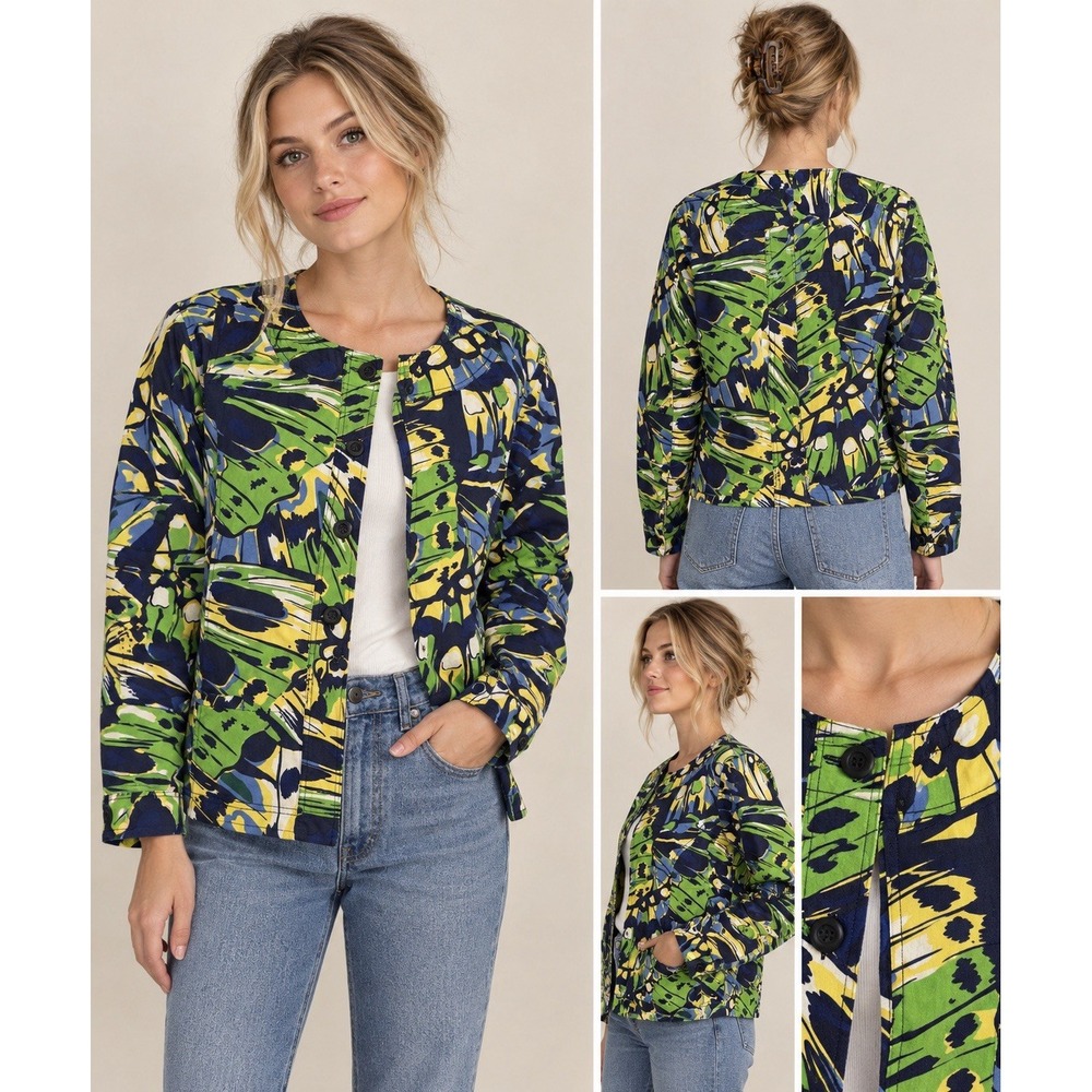 Chicos Abstract Butterfly Print Jacket Size 2 L 12 Cotton Button Up Wearable Art